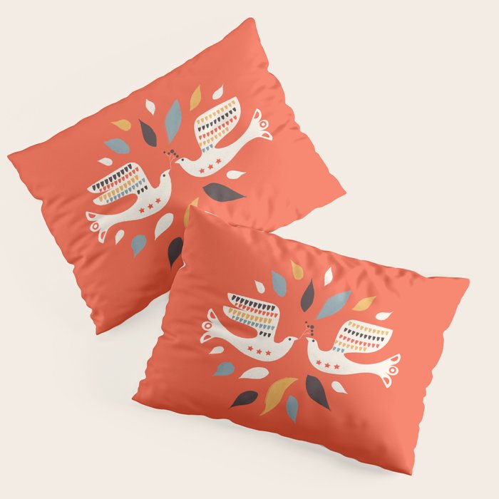 Festive Doves - Folk Illustration Pillow Sham