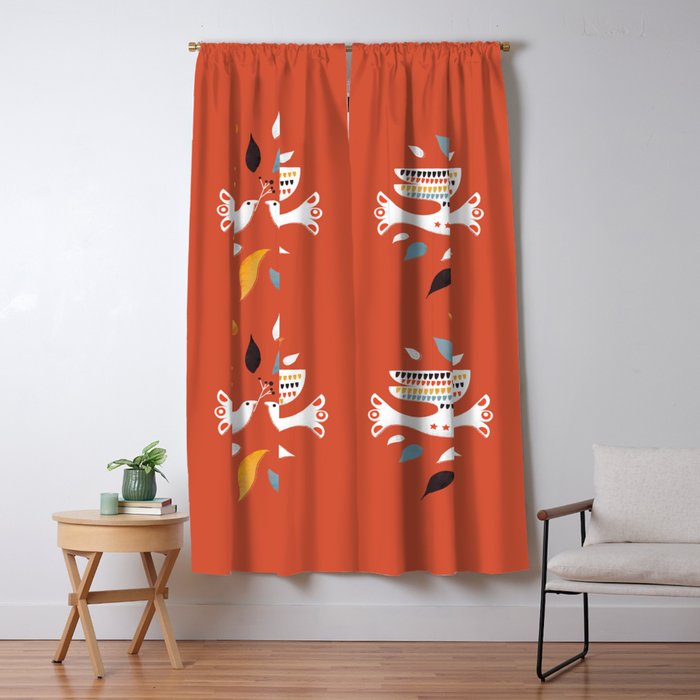 Festive Doves - Folk Illustration Window Curtain