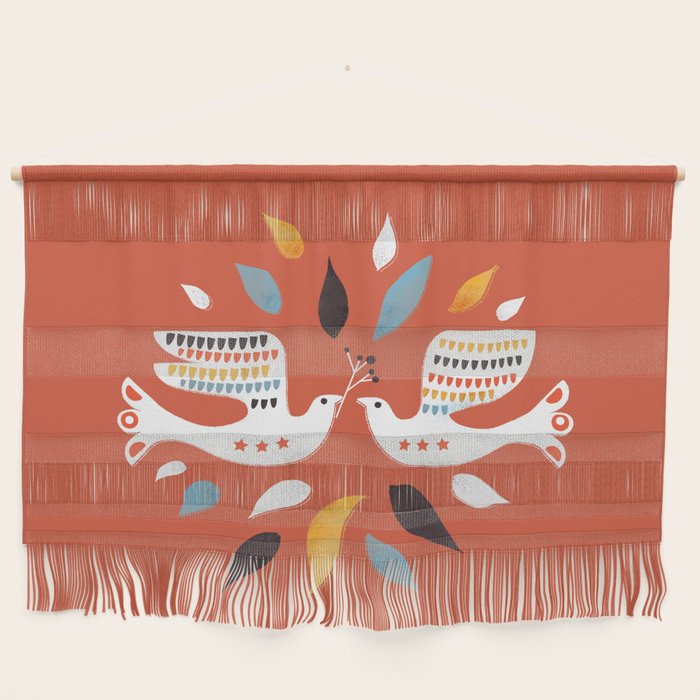 Festive Doves - Folk Illustration Wall Hanging