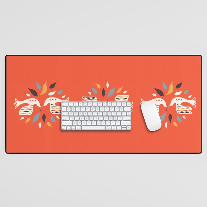 Festive Doves - Folk Illustration Desk Mat