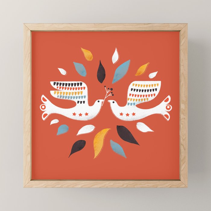 Festive Doves - Folk Illustration Mini Art Print