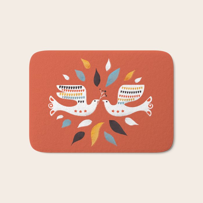 Festive Doves - Folk Illustration Bath Mat