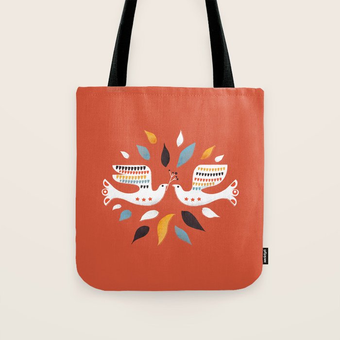 Festive Doves - Folk Illustration Tote Bag