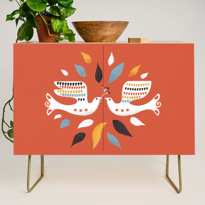 Festive Doves - Folk Illustration Credenza
