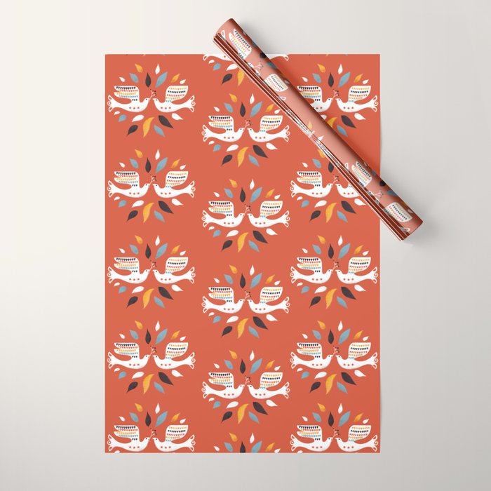 Festive Doves - Folk Illustration Wrapping Paper