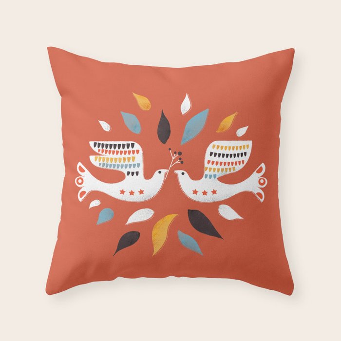 Festive Doves - Folk Illustration Throw Pillow