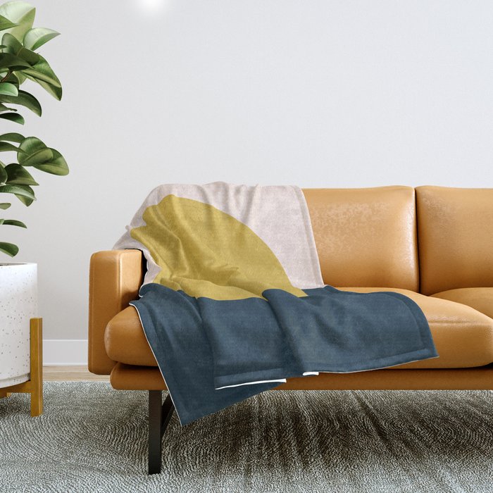 Horizon. Mustard Yellow Sun Dot On Pale Blush Pink And Navy Blue Color Block. Minimalist Geometric Throw Blanket
