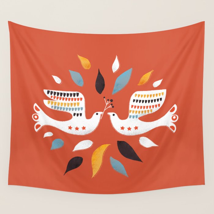 Festive Doves - Folk Illustration Wall Tapestry