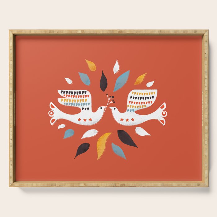 Festive Doves - Folk Illustration Serving Tray