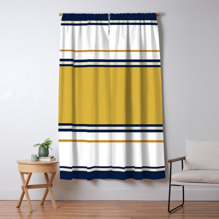 Wide And Thin Stripes Color Block Pattern In Mustard Yellow, Navy Blue, Ivory, And White Window Curtain