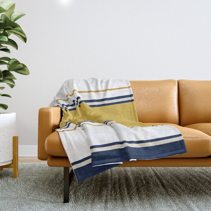 Wide And Thin Stripes Color Block Pattern In Mustard Yellow, Navy Blue, Ivory, And White Throw Blanket