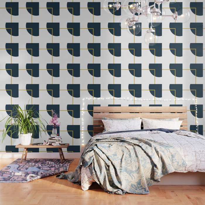 Fusion Minimalist Geometric Abstract In Mustard Yellow, Navy Blue, And White Wallpaper