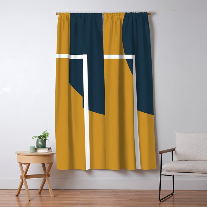 Fusion 4: Minimalist Geometric Abstract In Dark Mustard Yellow, Navy Blue, And White Window Curtain