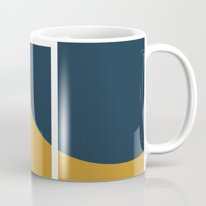 Fusion 4: Minimalist Geometric Abstract In Dark Mustard Yellow, Navy Blue, And White Coffee Mug