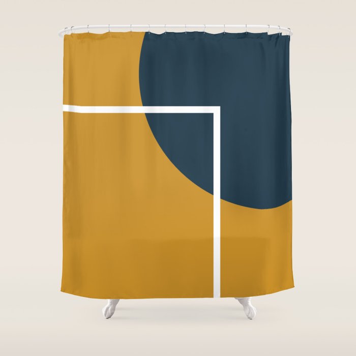 Fusion 4: Minimalist Geometric Abstract In Dark Mustard Yellow, Navy Blue, And White Shower Curtain