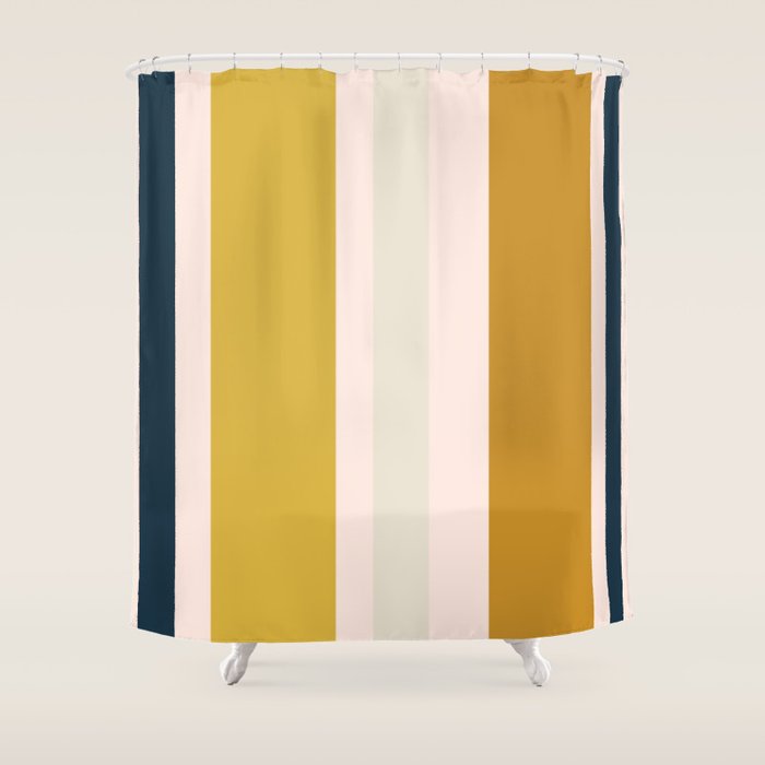 Blush Pink, Navy Blue, Mustard Yellow Big Stripes Pattern Shower Curtain