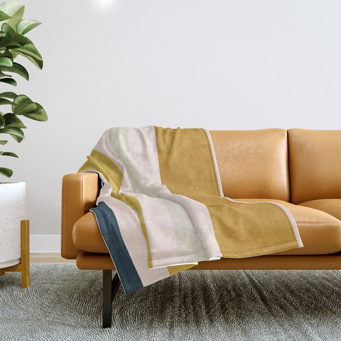 Blush Pink, Navy Blue, Mustard Yellow Big Stripes Pattern Throw Blanket