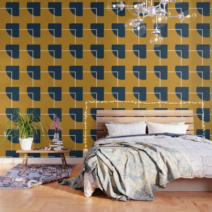 Fusion 4: Minimalist Geometric Abstract In Dark Mustard Yellow, Navy Blue, And White Wallpaper