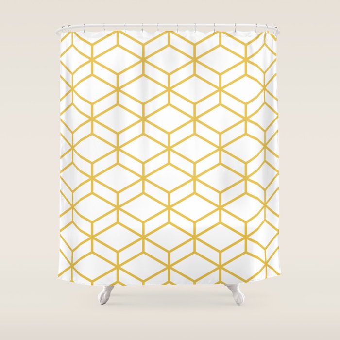 Geometric Honeycomb Lattice In Mustard Yellow And White. Modern Clean Minimalist Shower Curtain