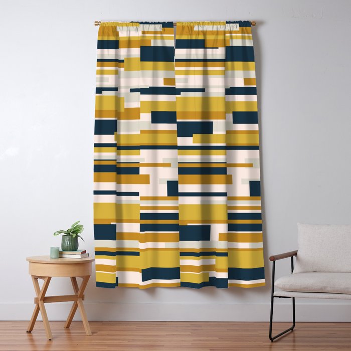 Wright Mid-Century Modern Abstract In Mustard Yellow, Navy Blue, Pale Blush Window Curtain