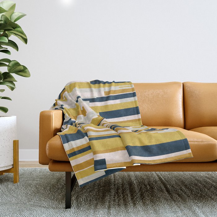 Wright Mid-Century Modern Abstract In Mustard Yellow, Navy Blue, Pale Blush Throw Blanket