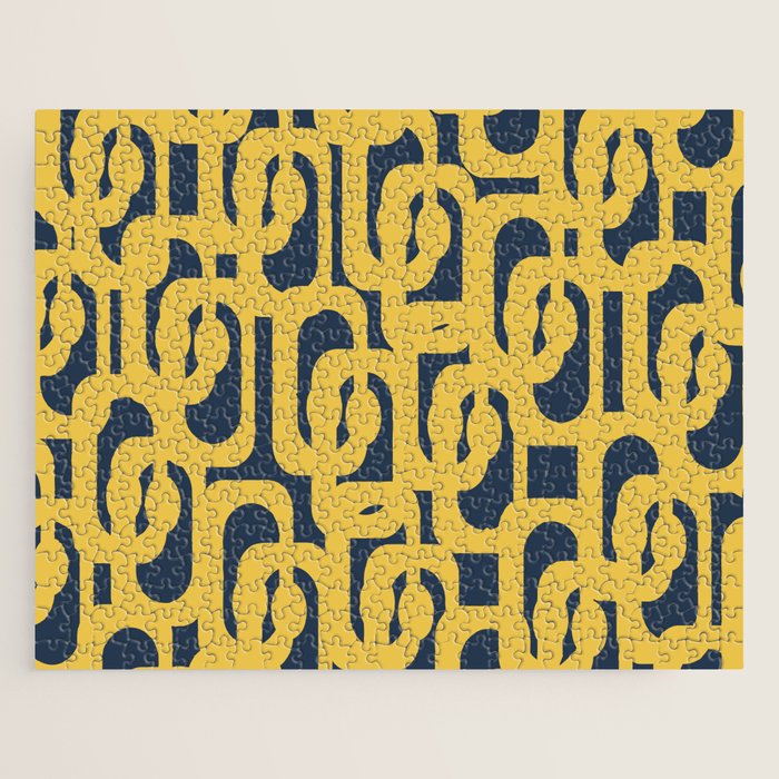 Mustard Yellow And Navy Blue Mid-Century Modern Loop Pattern Jigsaw Puzzle