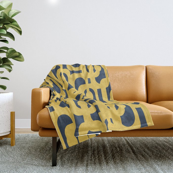 Mustard Yellow And Navy Blue Mid-Century Modern Loop Pattern Throw Blanket