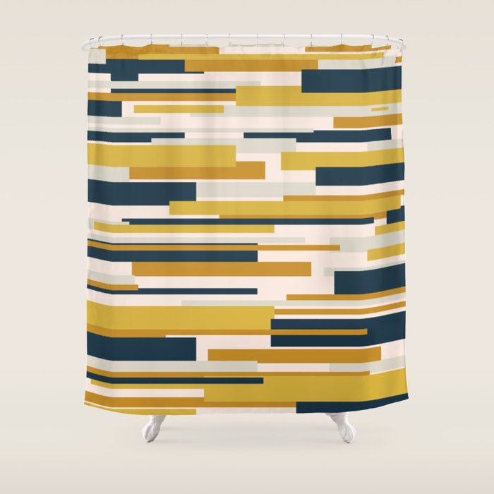Wright Mid-Century Modern Abstract In Mustard Yellow, Navy Blue, Pale Blush Shower Curtain
