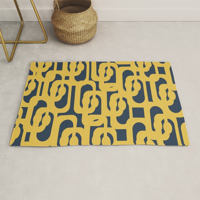 Mustard Yellow And Navy Blue Mid-Century Modern Loop Pattern Rug