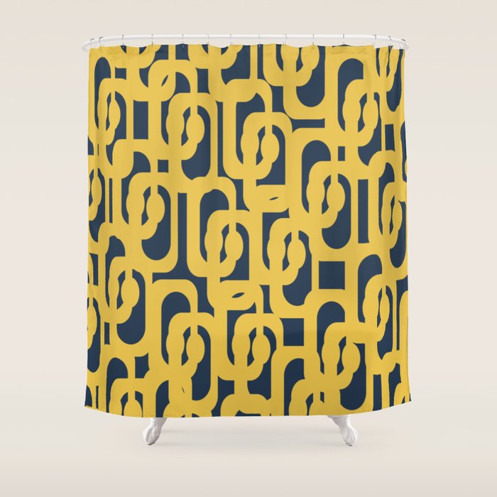 Mustard Yellow And Navy Blue Mid-Century Modern Loop Pattern Shower Curtain