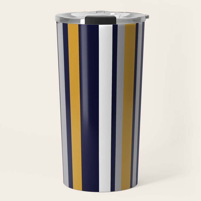 Modern Stripes In Mustard Yellow, Navy Blue, Gray, And White. Minimalist Color Block Travel Mug