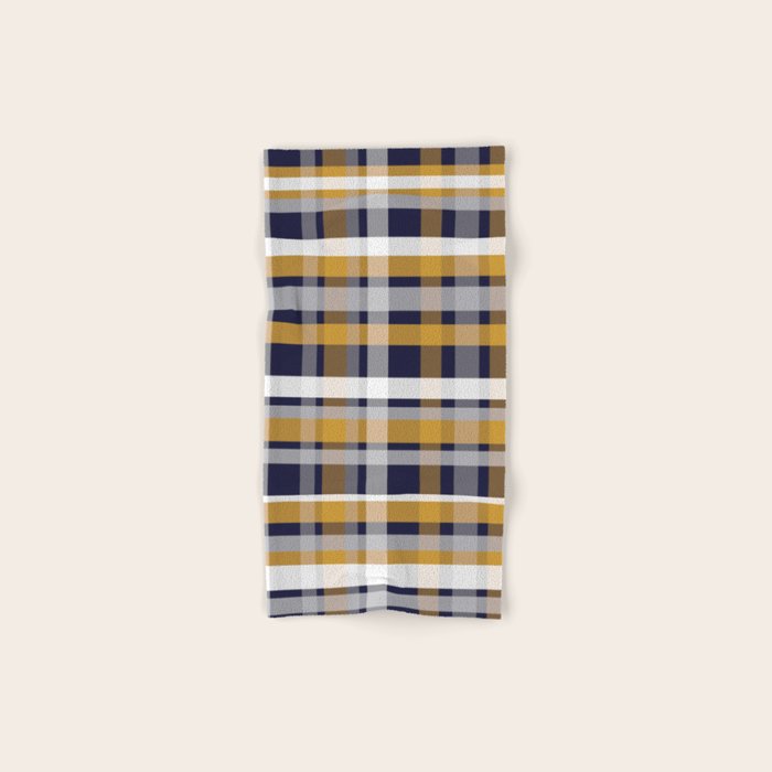 Modern Retro Plaid In Mustard Yellow, White, Navy Blue, And Grey Bath Towel