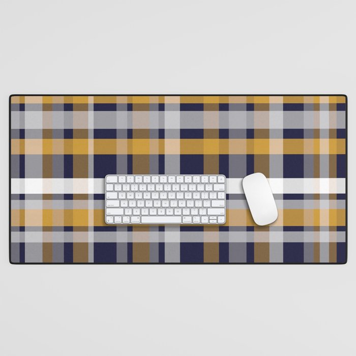 Modern Retro Plaid In Mustard Yellow, White, Navy Blue, And Grey Desk Mat