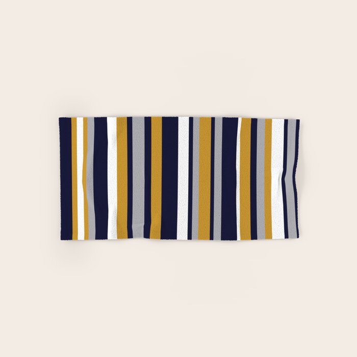 Modern Stripes In Mustard Yellow, Navy Blue, Gray, And White. Minimalist Color Block Bath Towel