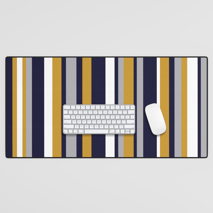 Modern Stripes In Mustard Yellow, Navy Blue, Gray, And White. Minimalist Color Block Desk Mat