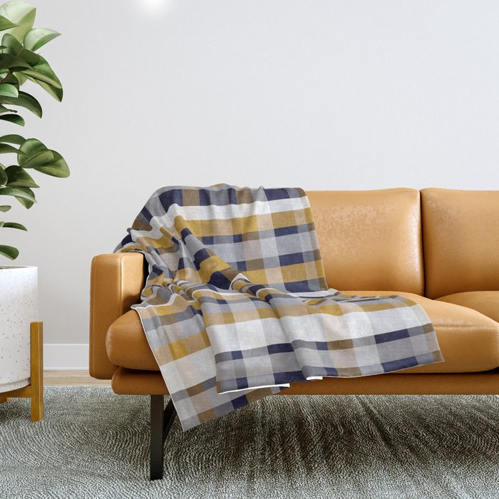 Modern Retro Plaid In Mustard Yellow, White, Navy Blue, And Grey Throw Blanket