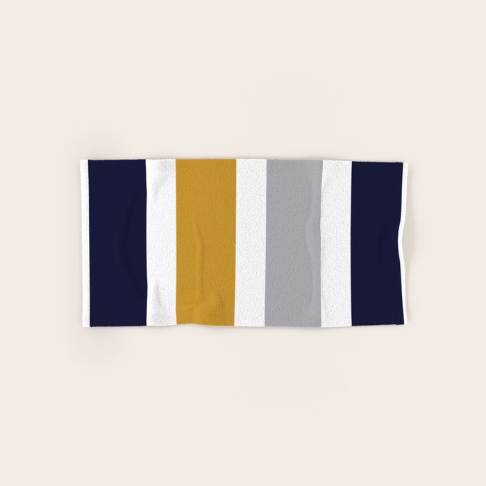 Quattro Stripe Minimalist Broad Stripe Color Block Pattern In Mustard Yellow, Navy Blue, Gray, White Bath Towel
