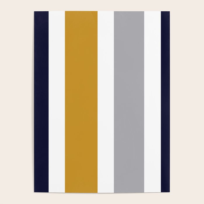 Quattro Stripe Minimalist Broad Stripe Color Block Pattern In Mustard Yellow, Navy Blue, Gray, White Poster