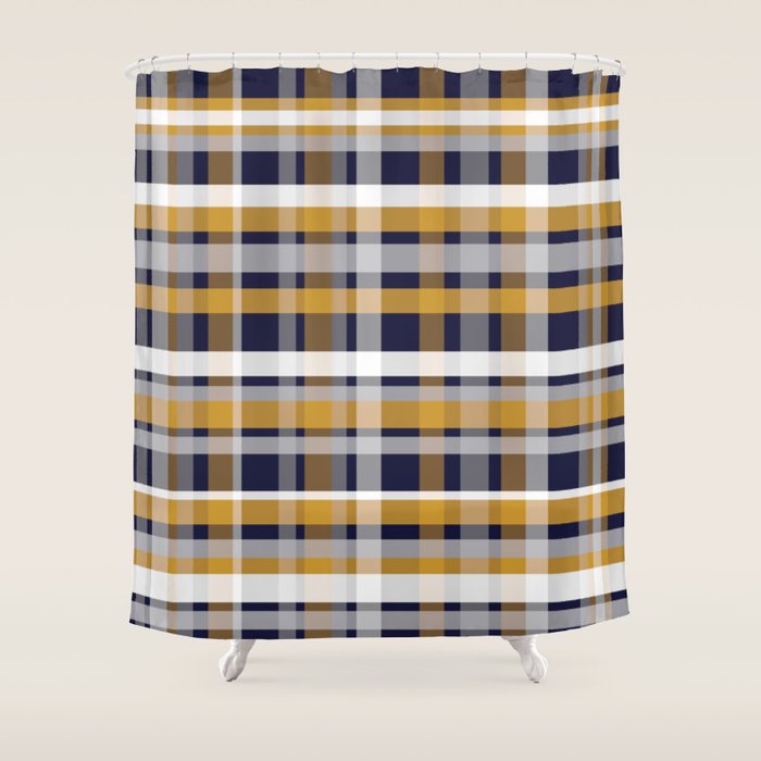 Modern Retro Plaid In Mustard Yellow, White, Navy Blue, And Grey Shower Curtain
