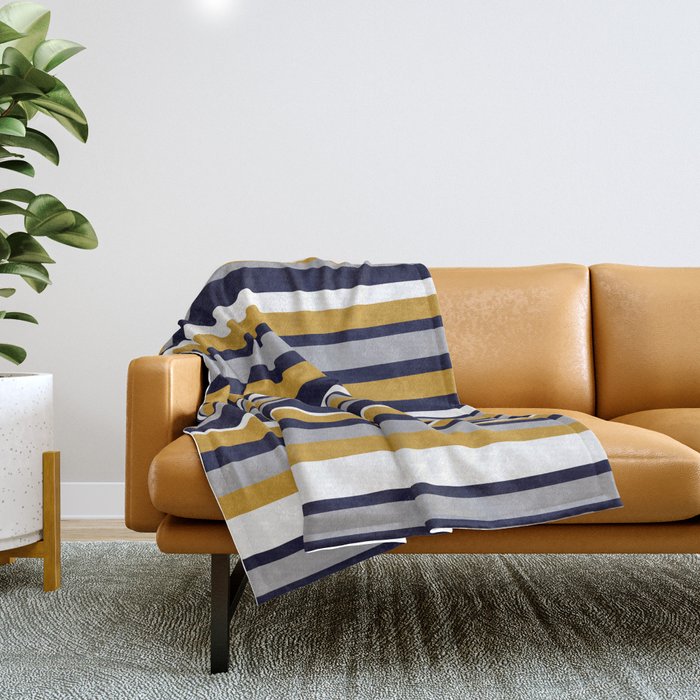 Modern Stripes In Mustard Yellow, Navy Blue, Gray, And White. Minimalist Color Block Throw Blanket