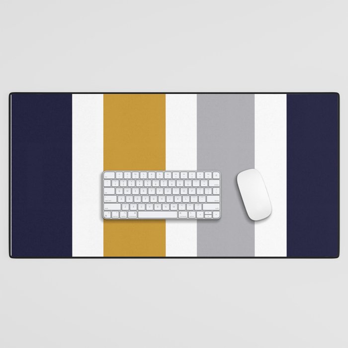Quattro Stripe Minimalist Broad Stripe Color Block Pattern In Mustard Yellow, Navy Blue, Gray, White Desk Mat