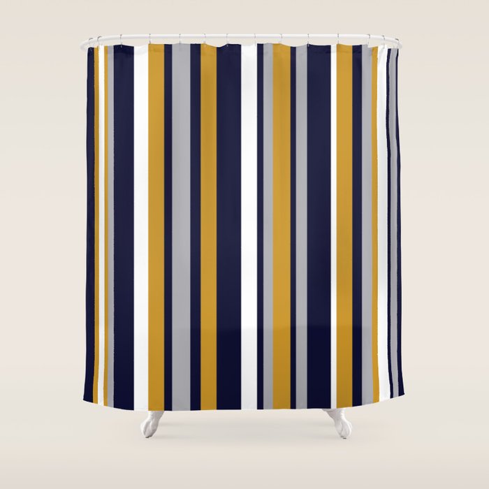 Modern Stripes In Mustard Yellow, Navy Blue, Gray, And White. Minimalist Color Block Shower Curtain