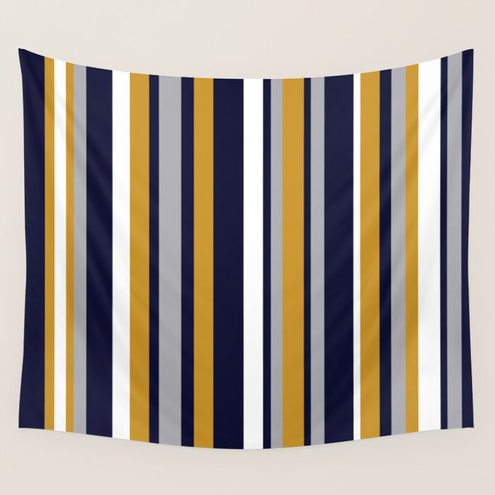 Modern Stripes In Mustard Yellow, Navy Blue, Gray, And White. Minimalist Color Block Wall Tapestry