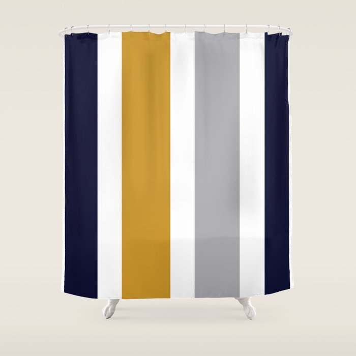 Quattro Stripe Minimalist Broad Stripe Color Block Pattern In Mustard Yellow, Navy Blue, Gray, White Shower Curtain