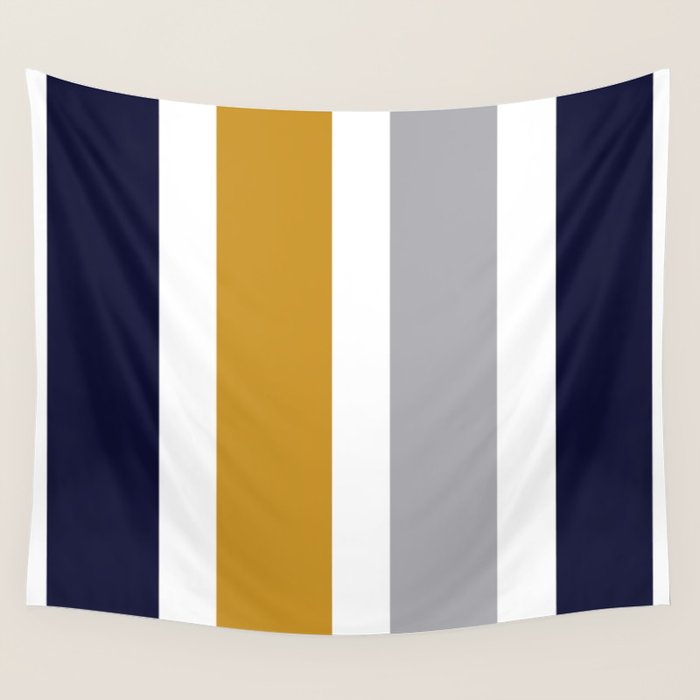 Quattro Stripe Minimalist Broad Stripe Color Block Pattern In Mustard Yellow, Navy Blue, Gray, White Wall Tapestry