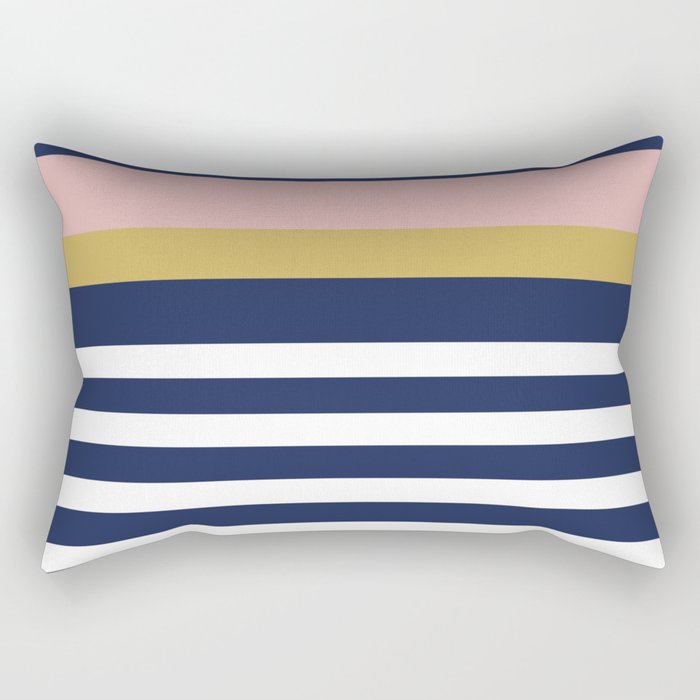 Graduated Stripes In Navy Blue, Blush Pink, Mustard Yellow, And White. Minimalist Color Block Design Rectangular Pillow