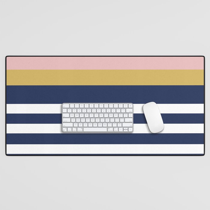 Graduated Stripes In Navy Blue, Blush Pink, Mustard Yellow, And White. Minimalist Color Block Design Desk Mat