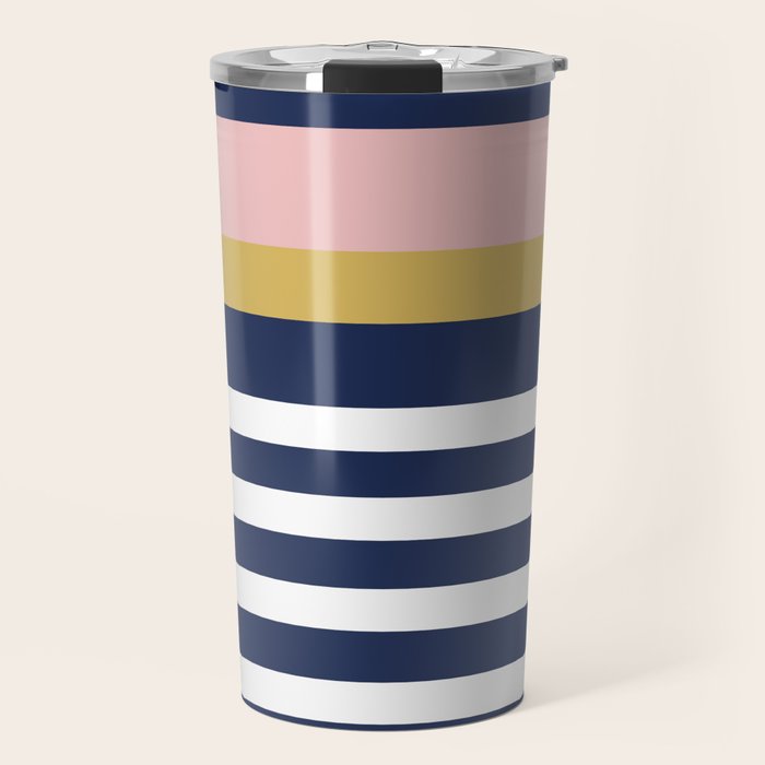 Graduated Stripes In Navy Blue, Blush Pink, Mustard Yellow, And White. Minimalist Color Block Design Travel Mug