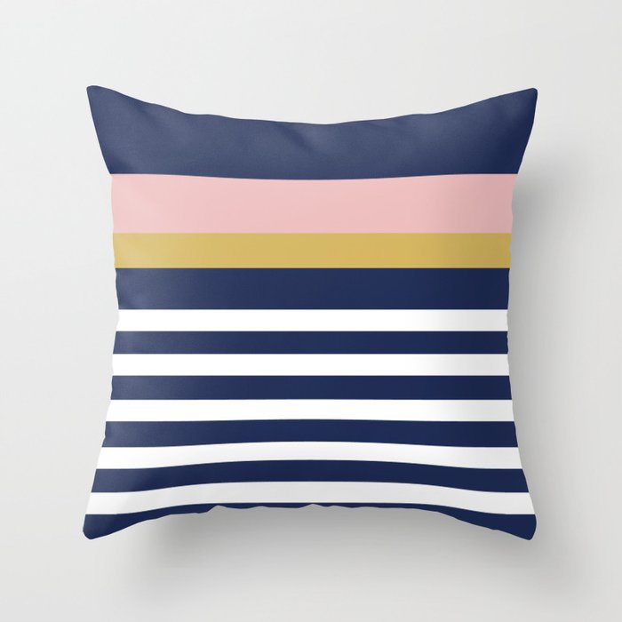 Graduated Stripes In Navy Blue, Blush Pink, Mustard Yellow, And White. Minimalist Color Block Design Throw Pillow