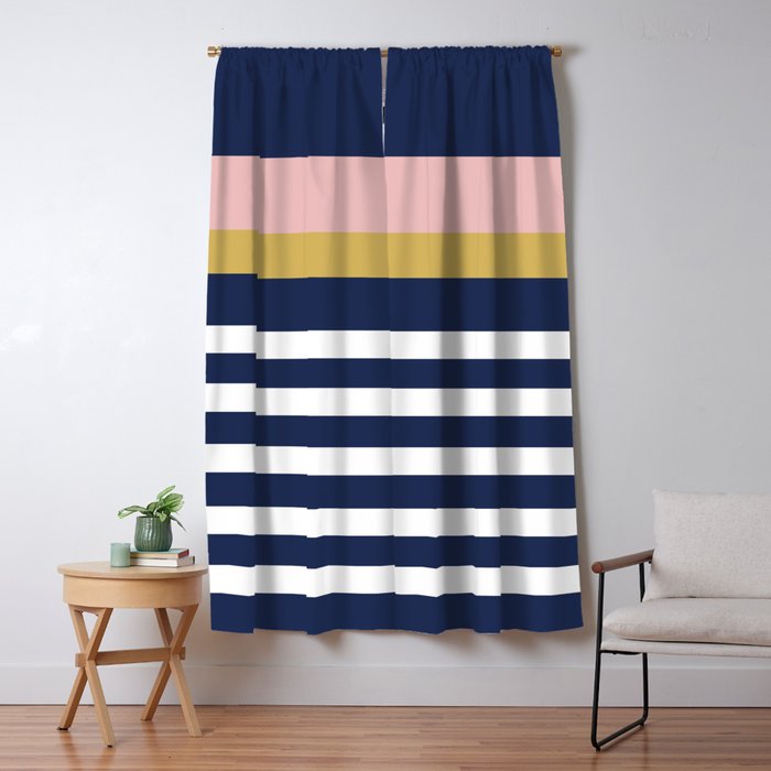 Graduated Stripes In Navy Blue, Blush Pink, Mustard Yellow, And White. Minimalist Color Block Design Window Curtain